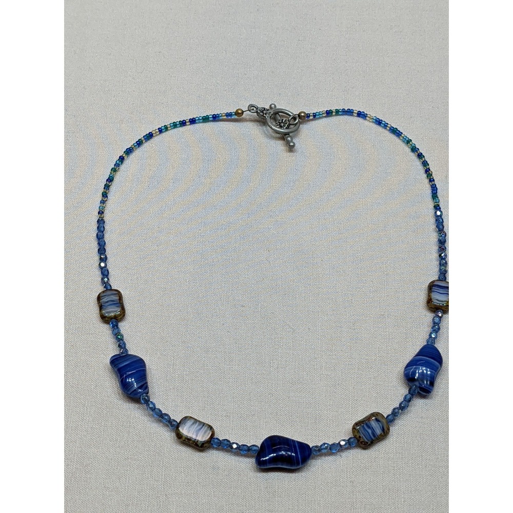Art Glass Beaded Necklace Blue Swirl Beads Silver Tone Floral Toggle Clasp ~17" - Picture 5 of 7